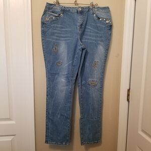 Ashley Stewart Women's Size 16 Hi Rise Jeans Rhinestone Patch Patterns 41 x 31.5
